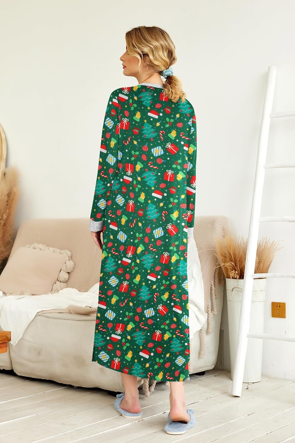 image:imageEkouaer Nightgowns for Women Long Sleeve Winter Night Gown with Pockets Long Nightgown Plus Size Lounge Dress Button Down Sleepshirts V Neck Night Shirt Warm Sleepwear Full Length LoungewearChristmas Green