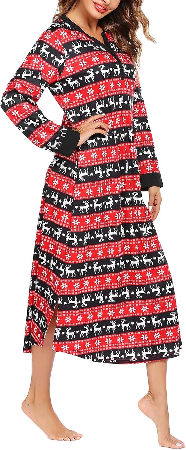 image:imageEkouaer Nightgowns for Women Long Sleeve Winter Night Gown with Pockets Long Nightgown Plus Size Lounge Dress Button Down Sleepshirts V Neck Night Shirt Warm Sleepwear Full Length LoungewearChristmas Red
