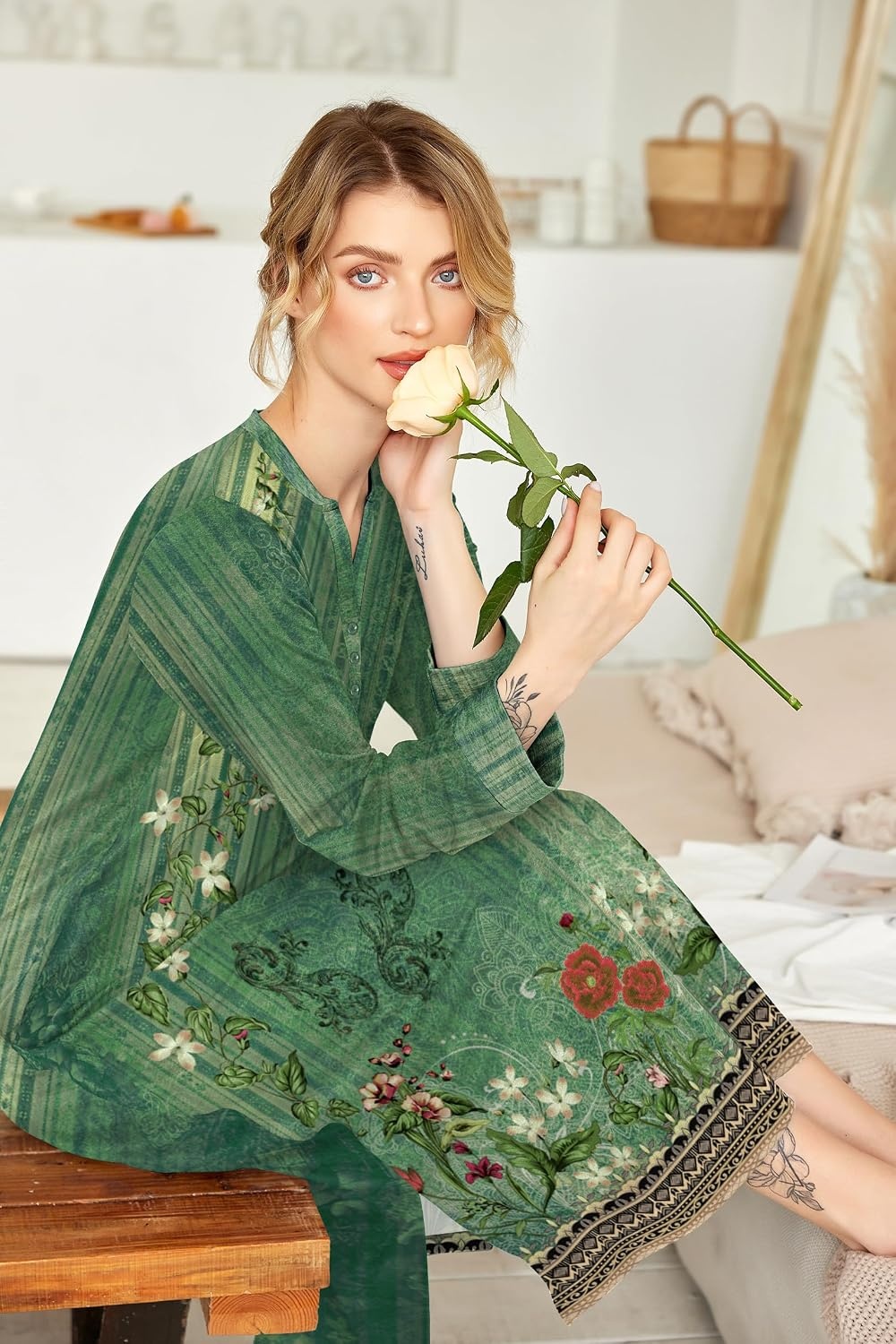 image:imageEkouaer Nightgowns for Women Long Sleeve Winter Night Gown with Pockets Long Nightgown Plus Size Lounge Dress Button Down Sleepshirts V Neck Night Shirt Warm Sleepwear Full Length LoungewearGreen Floral