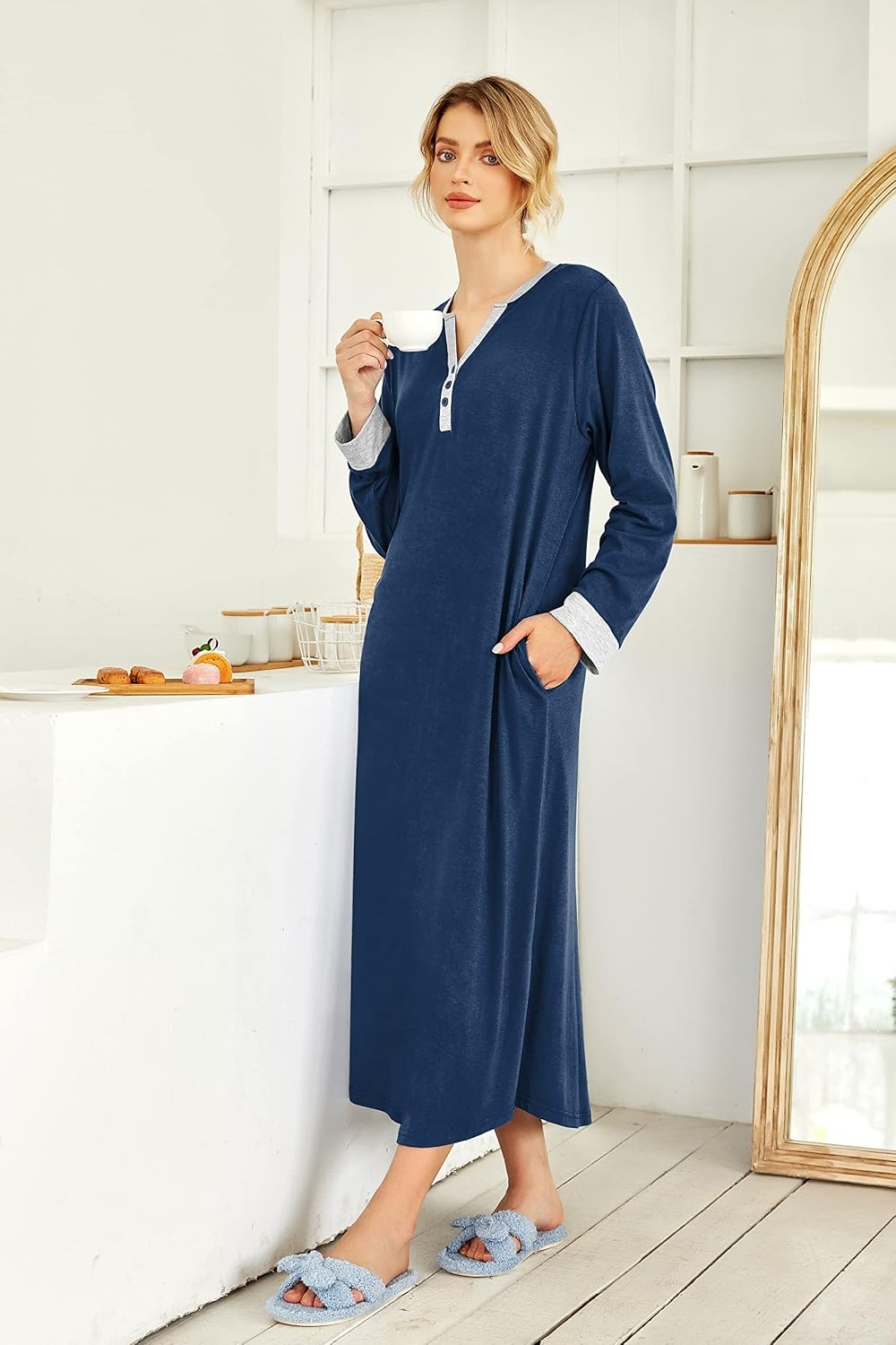 image:imageEkouaer Nightgowns for Women Long Sleeve Winter Night Gown with Pockets Long Nightgown Plus Size Lounge Dress Button Down Sleepshirts V Neck Night Shirt Warm Sleepwear Full Length LoungewearNavy