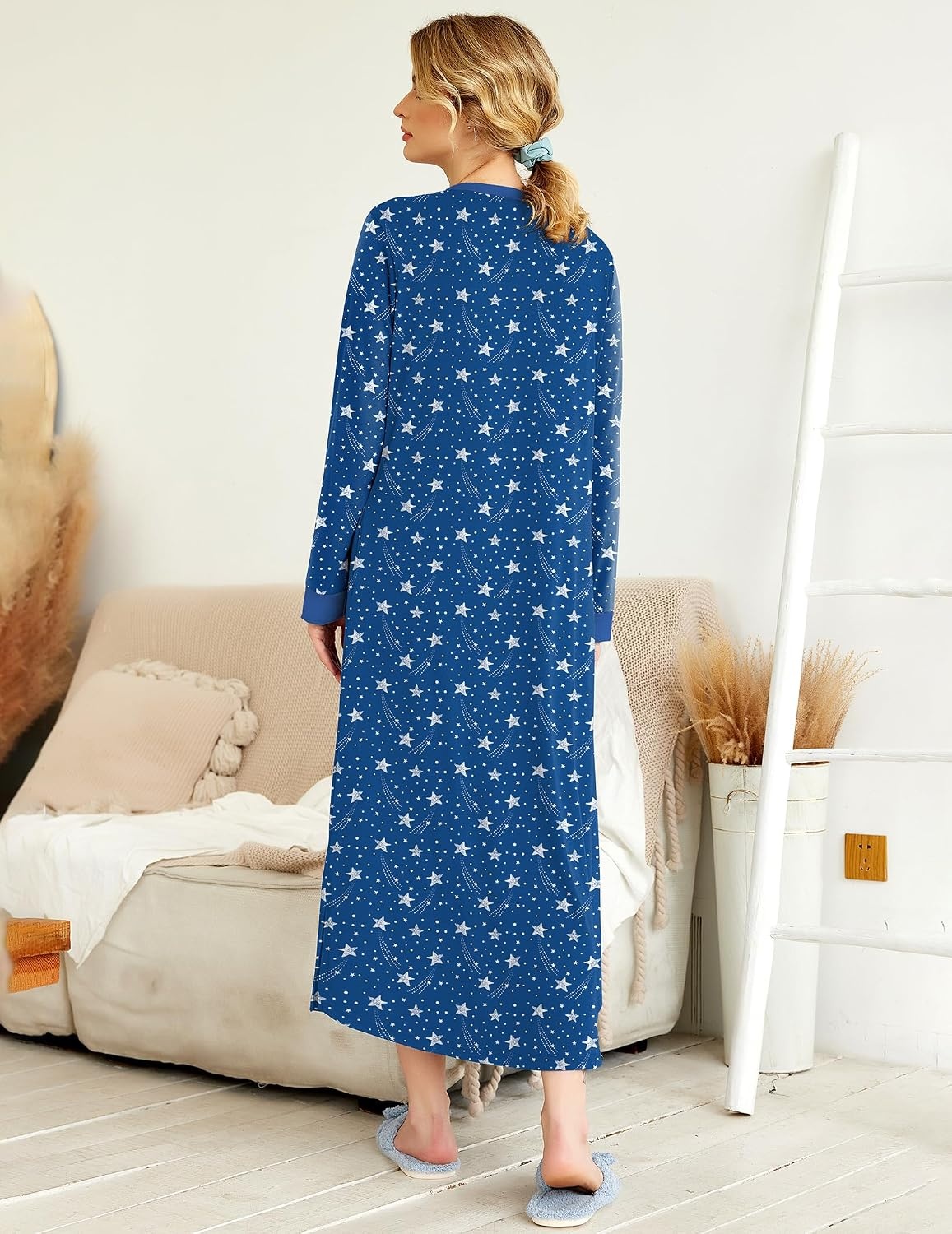 image:imageEkouaer Nightgowns for Women Long Sleeve Winter Night Gown with Pockets Long Nightgown Plus Size Lounge Dress Button Down Sleepshirts V Neck Night Shirt Warm Sleepwear Full Length LoungewearBlue Star