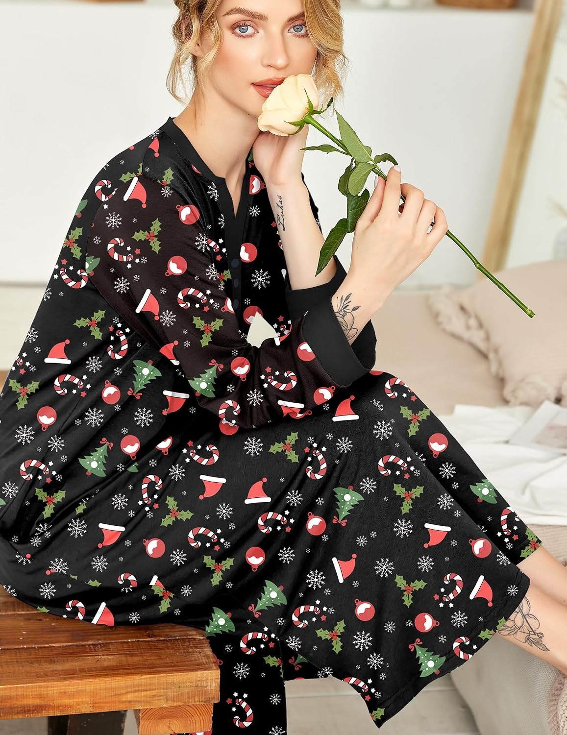 image:imageEkouaer Nightgowns for Women Long Sleeve Winter Night Gown with Pockets Long Nightgown Plus Size Lounge Dress Button Down Sleepshirts V Neck Night Shirt Warm Sleepwear Full Length LoungewearChirstmas Black