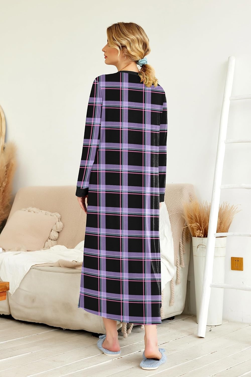 image:imageEkouaer Nightgowns for Women Long Sleeve Winter Night Gown with Pockets Long Nightgown Plus Size Lounge Dress Button Down Sleepshirts V Neck Night Shirt Warm Sleepwear Full Length LoungewearPurple Plaid
