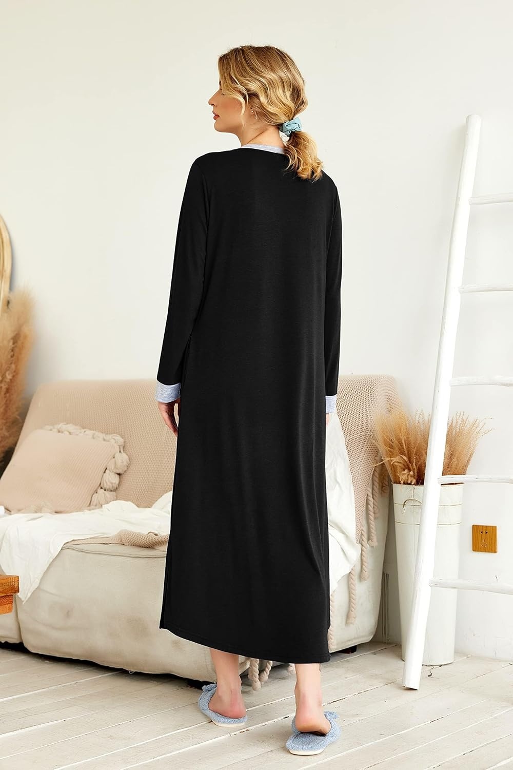 image:imageEkouaer Nightgowns for Women Long Sleeve Winter Night Gown with Pockets Long Nightgown Plus Size Lounge Dress Button Down Sleepshirts V Neck Night Shirt Warm Sleepwear Full Length LoungewearBlack