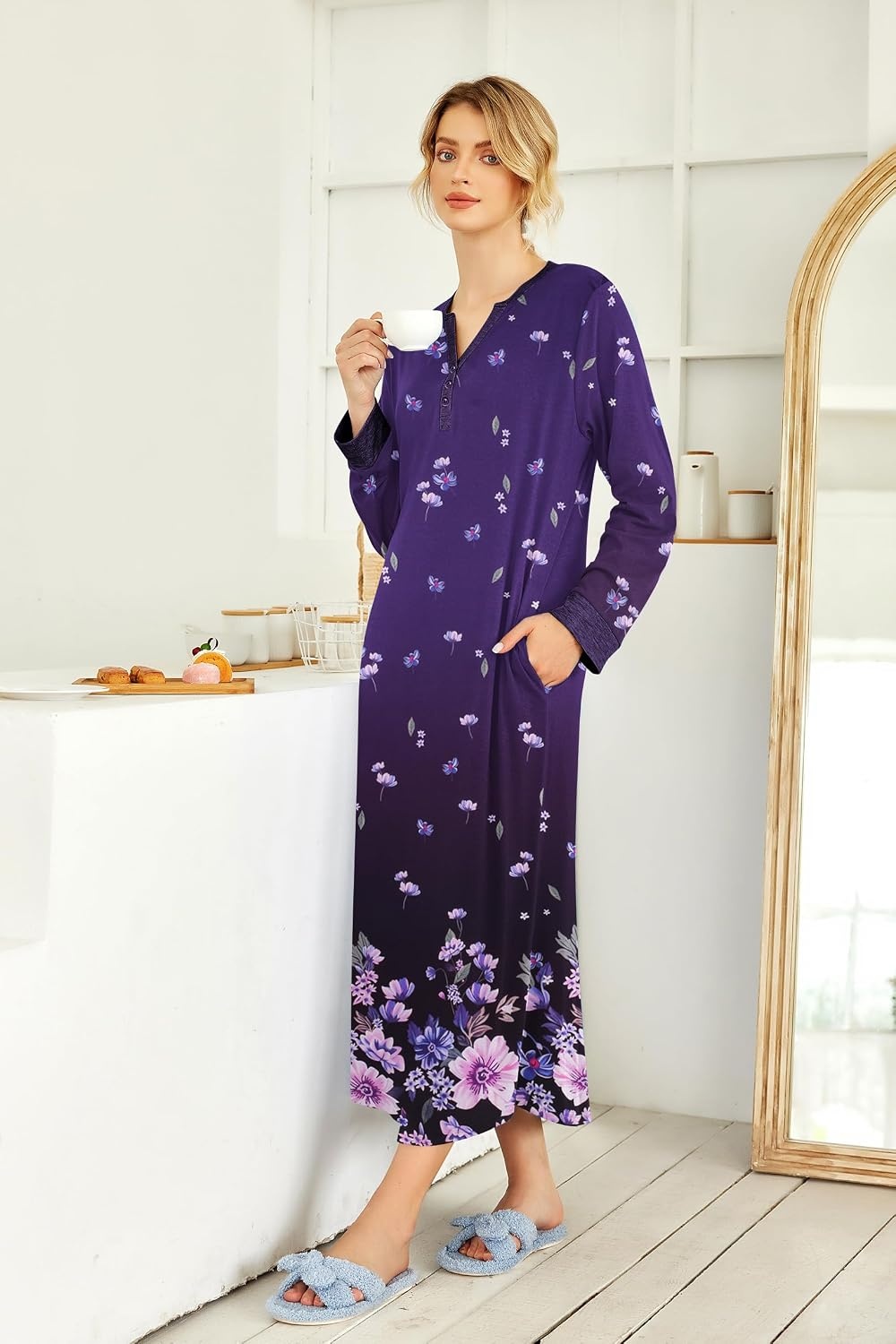 image:imageEkouaer Nightgowns for Women Long Sleeve Winter Night Gown with Pockets Long Nightgown Plus Size Lounge Dress Button Down Sleepshirts V Neck Night Shirt Warm Sleepwear Full Length LoungewearPurple Flower