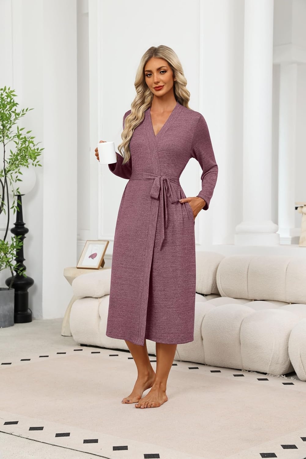 image:imageEkouaer Robes for Women Long Lightweight Bathrobe Soft Knit Bath Robe with PocketsWine Red