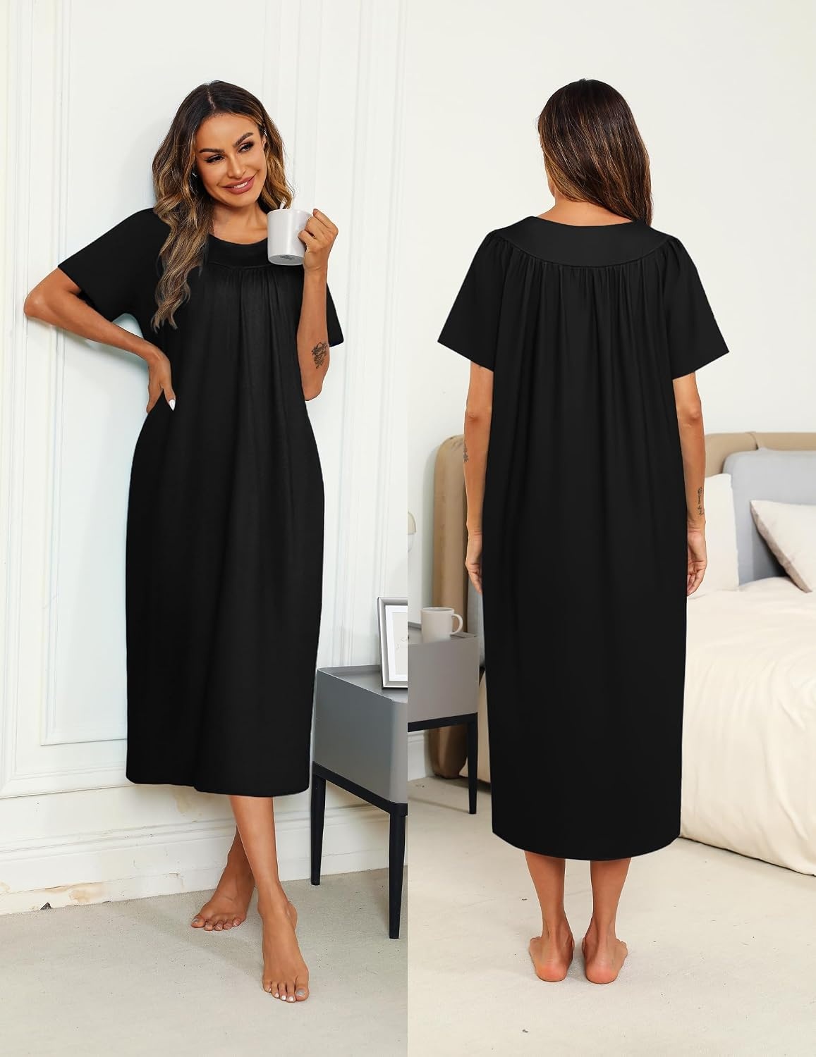 image:imageEkouaer Womens House Dress with Pockets Long Nightgowns for Women House Dress Pleated Front Moo Moos for WomenBlack