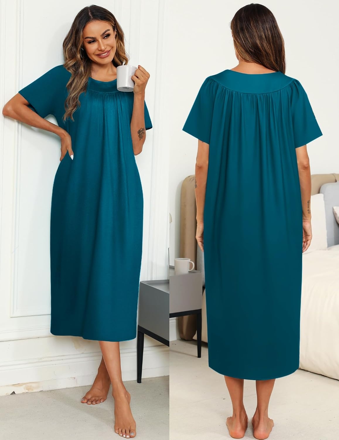 image:imageEkouaer Womens House Dress with Pockets Long Nightgowns for Women House Dress Pleated Front Moo Moos for WomenBlue Green