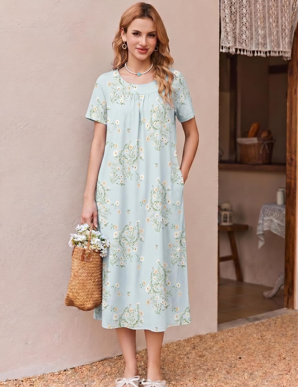 image:imageEkouaer Womens House Dress with Pockets Long Nightgowns for Women House Dress Pleated Front Moo Moos for WomenLight Green Daisy