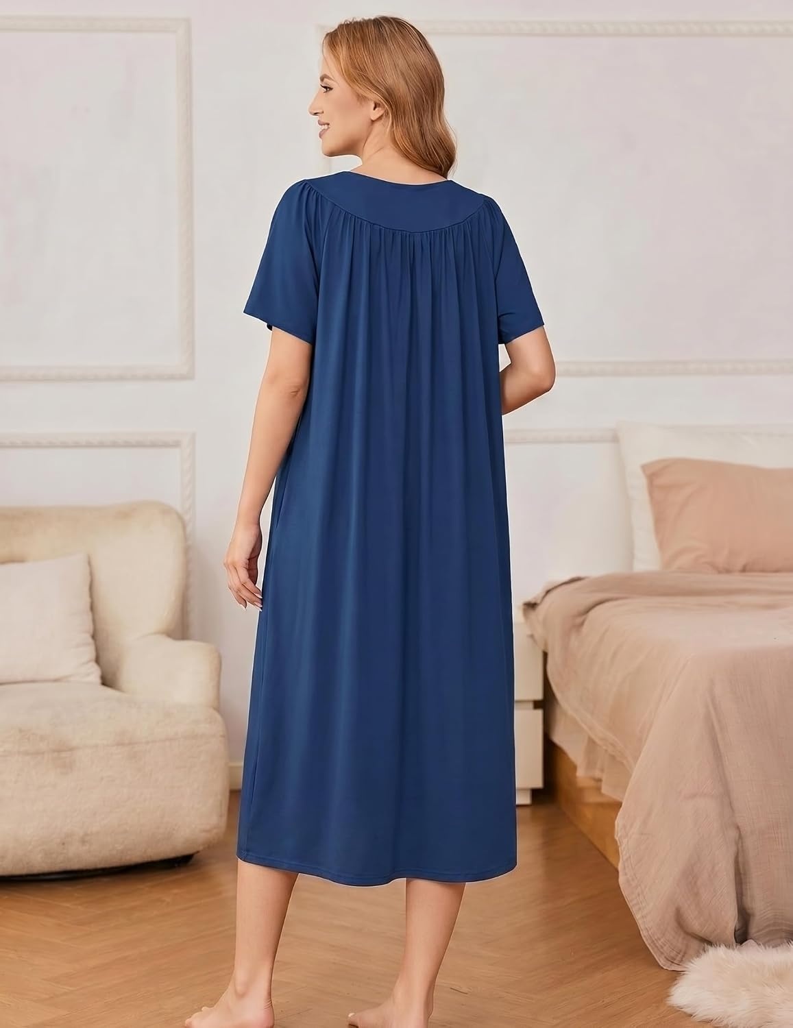 image:imageEkouaer Womens House Dress with Pockets Long Nightgowns for Women House Dress Pleated Front Moo Moos for WomenNavy Blue