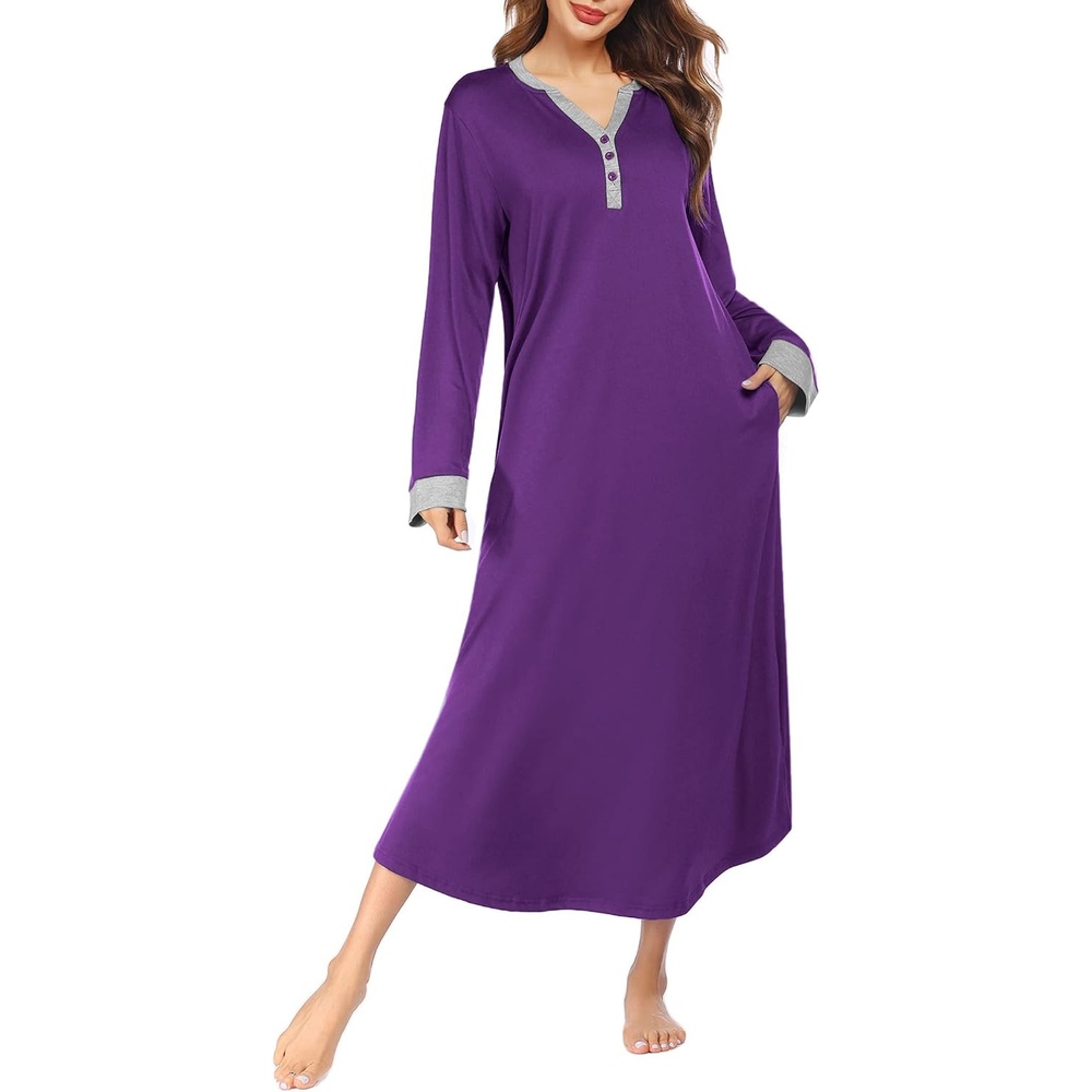 image:imageEkouaer Nightgowns for Women Long Sleeve Winter Night Gown with Pockets Long Nightgown Plus Size Lounge Dress Button Down Sleepshirts V Neck Night Shirt Warm Sleepwear Full Length LoungewearPurple