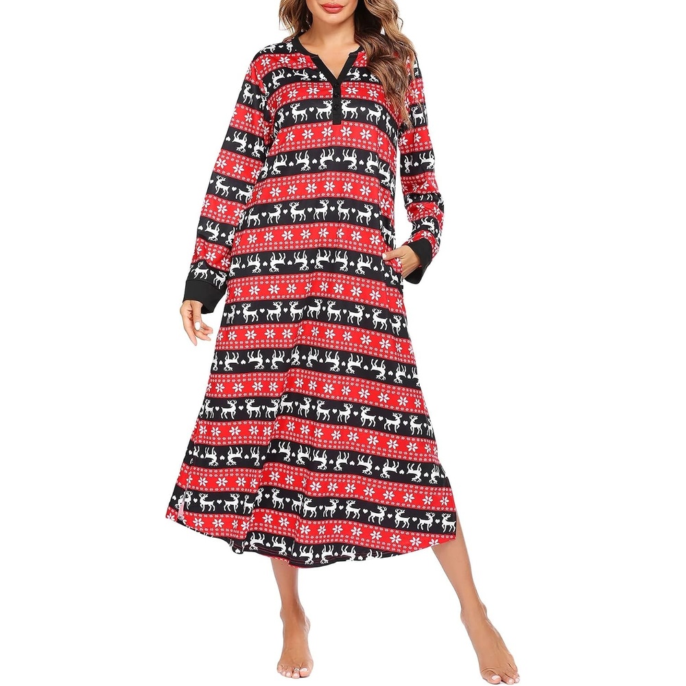 image:imageEkouaer Nightgowns for Women Long Sleeve Winter Night Gown with Pockets Long Nightgown Plus Size Lounge Dress Button Down Sleepshirts V Neck Night Shirt Warm Sleepwear Full Length LoungewearChristmas Red