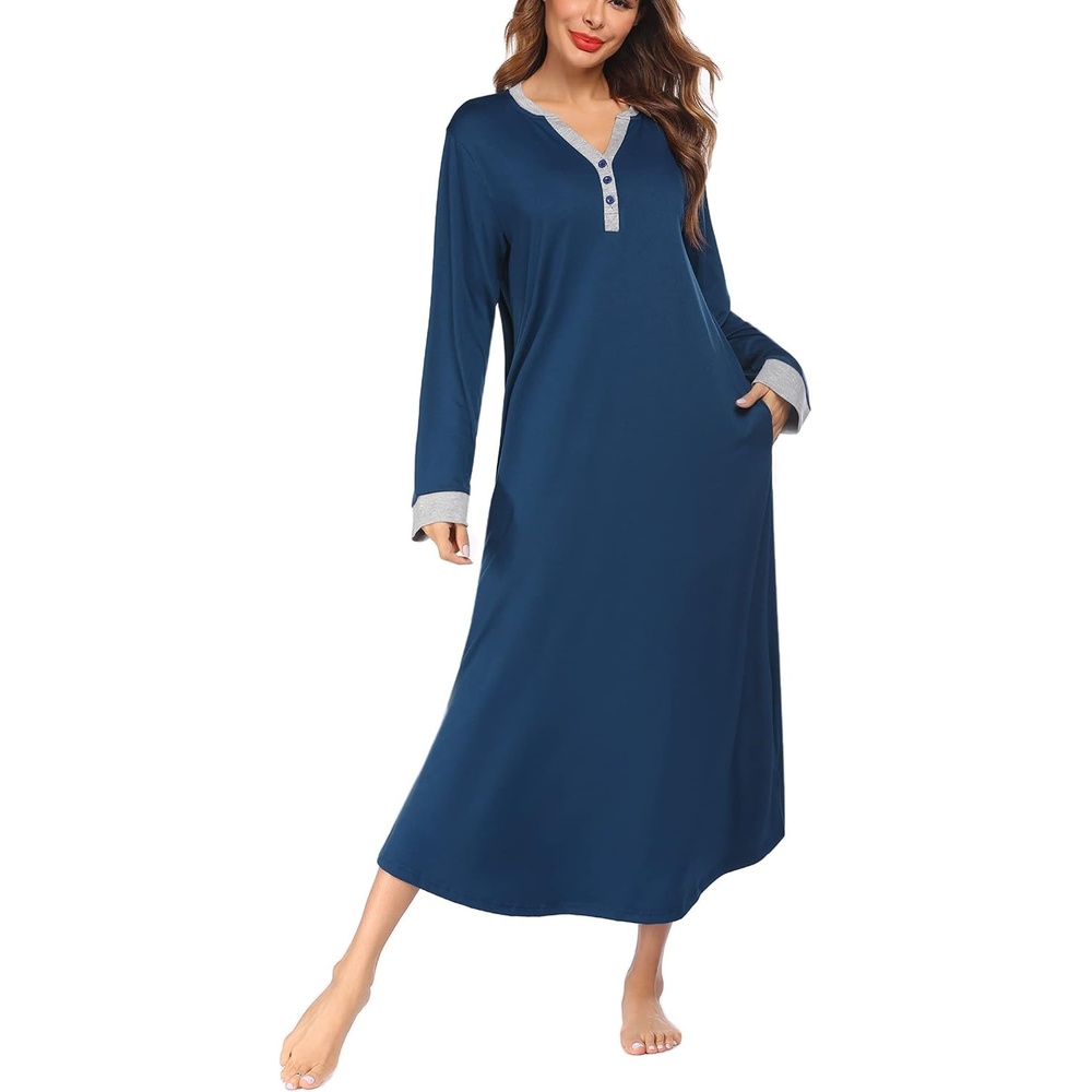 image:imageEkouaer Nightgowns for Women Long Sleeve Winter Night Gown with Pockets Long Nightgown Plus Size Lounge Dress Button Down Sleepshirts V Neck Night Shirt Warm Sleepwear Full Length LoungewearNavy