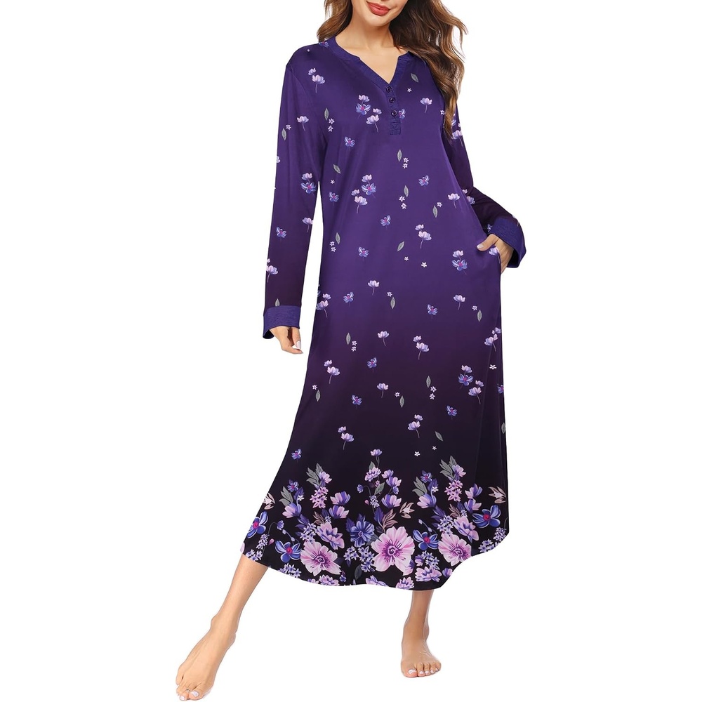 image:imageEkouaer Nightgowns for Women Long Sleeve Winter Night Gown with Pockets Long Nightgown Plus Size Lounge Dress Button Down Sleepshirts V Neck Night Shirt Warm Sleepwear Full Length LoungewearPurple Flower