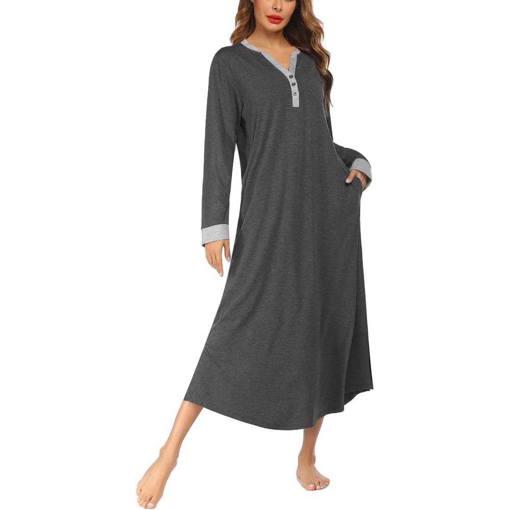 image:imageEkouaer Nightgowns for Women Long Sleeve Winter Night Gown with Pockets Long Nightgown Plus Size Lounge Dress Button Down Sleepshirts V Neck Night Shirt Warm Sleepwear Full Length LoungewearGrey