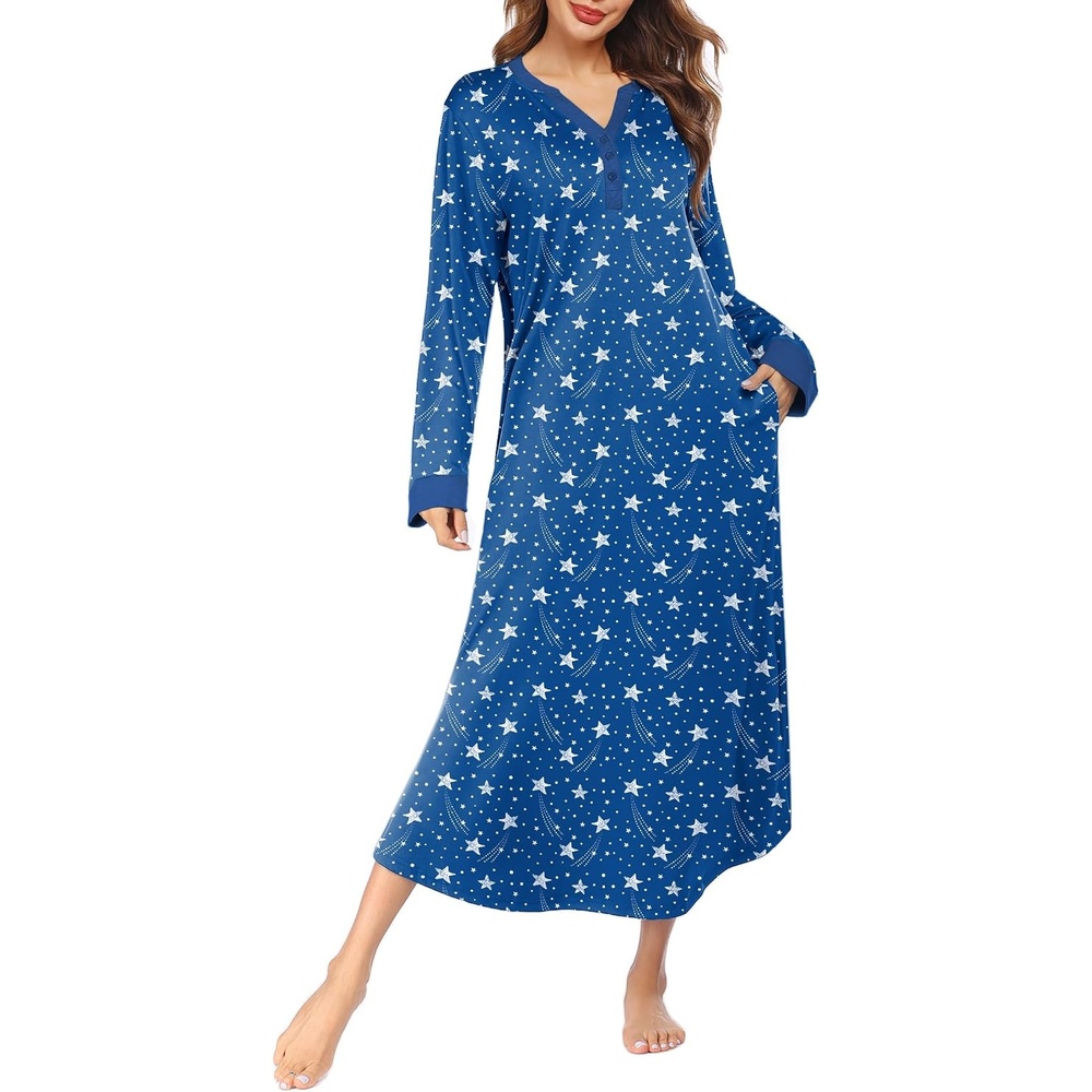 image:imageEkouaer Nightgowns for Women Long Sleeve Winter Night Gown with Pockets Long Nightgown Plus Size Lounge Dress Button Down Sleepshirts V Neck Night Shirt Warm Sleepwear Full Length LoungewearBlue Star