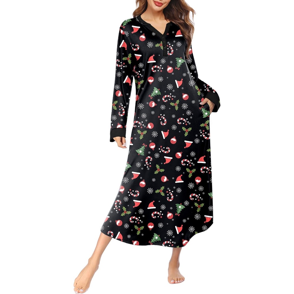 image:imageEkouaer Nightgowns for Women Long Sleeve Winter Night Gown with Pockets Long Nightgown Plus Size Lounge Dress Button Down Sleepshirts V Neck Night Shirt Warm Sleepwear Full Length LoungewearChirstmas Black