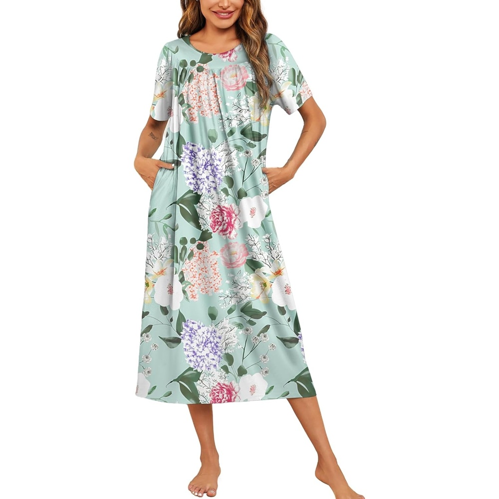 image:imageEkouaer Womens House Dress with Pockets Long Nightgowns for Women House Dress Pleated Front Moo Moos for WomenGreen Pink Flower