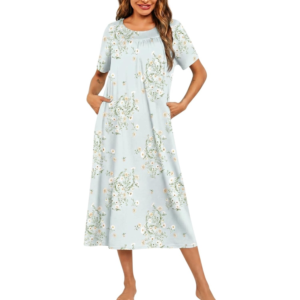 image:imageEkouaer Womens House Dress with Pockets Long Nightgowns for Women House Dress Pleated Front Moo Moos for WomenLight Green Daisy