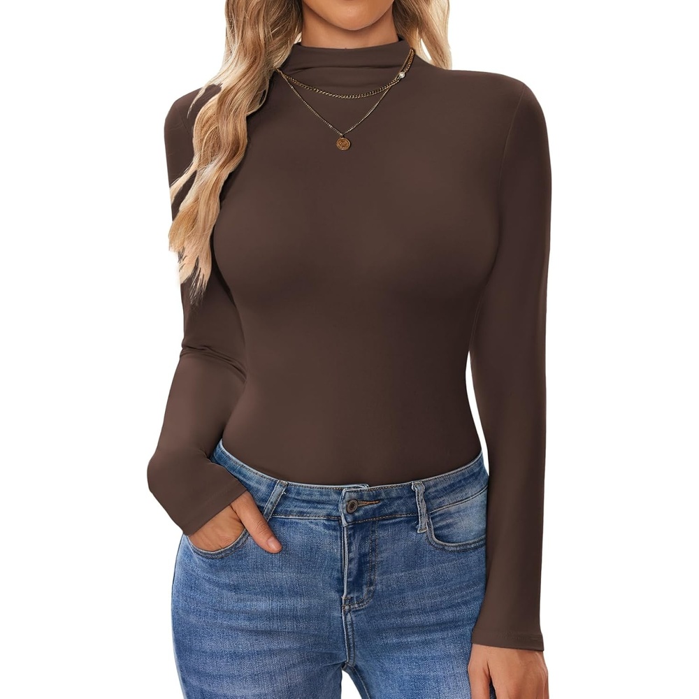 image:imageTurtleneck Tops for Women Long Sleeve Mock Neck Shirts Thermal Underwear  Soft fabric slim fit mock turtleneck and long sleeves for layering work casual wear and coldweather outfitsBrown