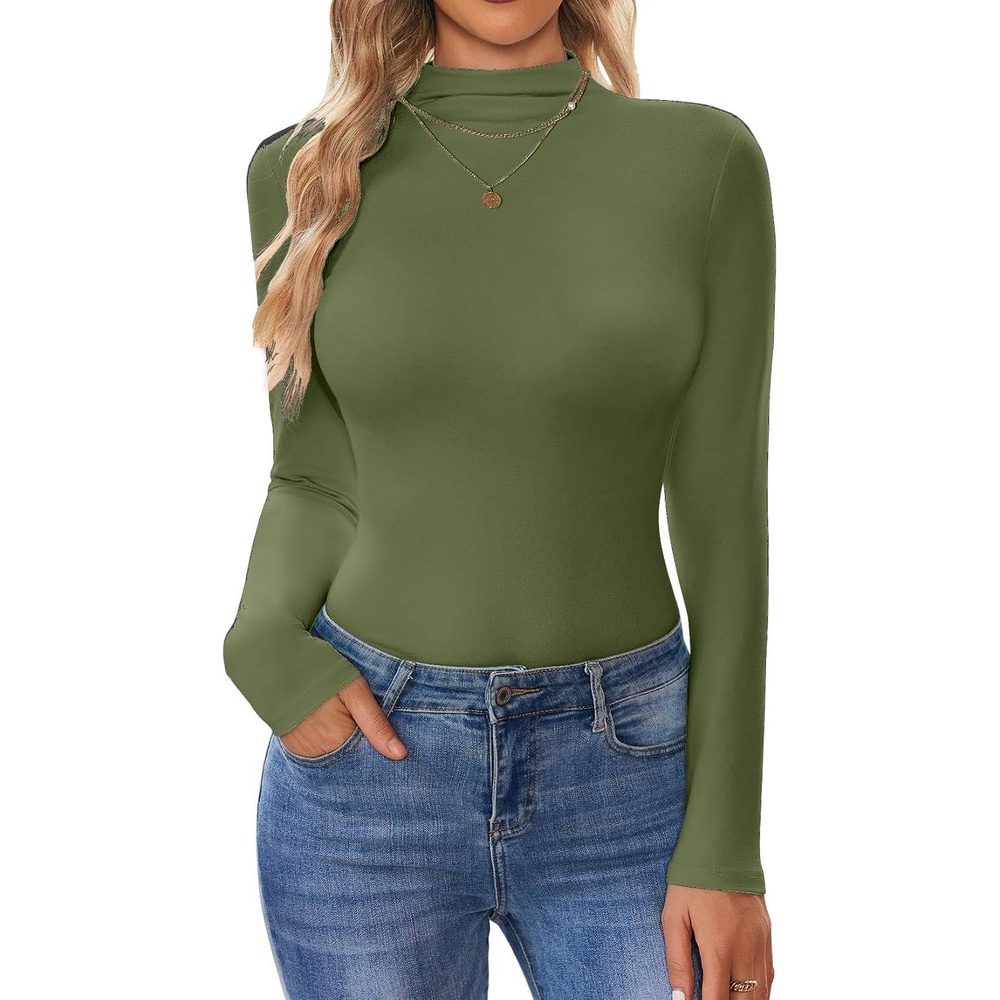 image:imageTurtleneck Tops for Women Long Sleeve Mock Neck Shirts Thermal Underwear  Soft fabric slim fit mock turtleneck and long sleeves for layering work casual wear and coldweather outfitsArmy Green