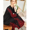Ekouaer Nightgowns for Women Long Sleeve Winter Night Gown with Pockets | Long Nightgown Plus Size Lounge Dress Button Down Sleepshirts V Neck Night Shirt Warm Sleepwear Full Length Loungewear(Black Red Flower)