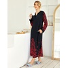 Ekouaer Nightgowns for Women Long Sleeve Winter Night Gown with Pockets | Long Nightgown Plus Size Lounge Dress Button Down Sleepshirts V Neck Night Shirt Warm Sleepwear Full Length Loungewear(Black Red Flower)