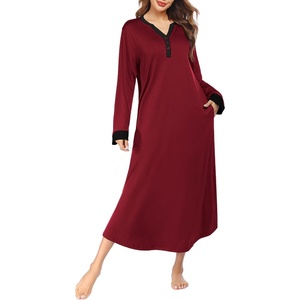 Ekouaer Nightgowns for Women Long Sleeve Winter Night Gown with Pockets | Long Nightgown Plus Size Lounge Dress Button Down Sleepshirts V Neck Night Shirt Warm Sleepwear Full Length Loungewear(Wine Red)