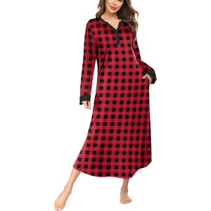 Ekouaer Nightgowns for Women Long Sleeve Winter Night Gown with Pockets | Long Nightgown Plus Size Lounge Dress Button Down Sleepshirts V Neck Night Shirt Warm Sleepwear Full Length Loungewear(Red Plaid)