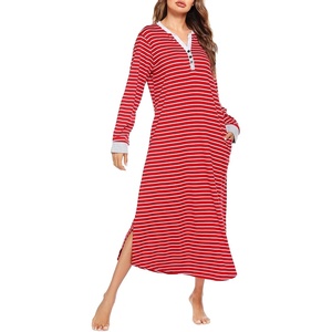 Ekouaer Nightgowns for Women Long Sleeve Winter Night Gown with Pockets | Long Nightgown Plus Size Lounge Dress Button Down Sleepshirts V Neck Night Shirt Warm Sleepwear Full Length Loungewear(Red Stripe)