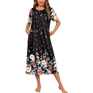 Ekouaer Women’s House Dress with Pockets Long Nightgowns for Women House Dress Pleated Front Moo Moos for Women(Black Flower)