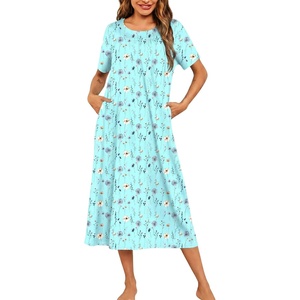 Ekouaer Women’s House Dress with Pockets Long Nightgowns for Women House Dress Pleated Front Moo Moos for Women(Blue Khaki Floral)