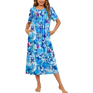 Ekouaer Women’s House Dress with Pockets Long Nightgowns for Women House Dress Pleated Front Moo Moos for Women(Blue Tie-dye Flowers)