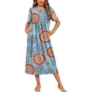 Ekouaer Women’s House Dress with Pockets Long Nightgowns for Women House Dress Pleated Front Moo Moos for Women(Light Blue Mandala)