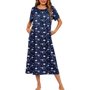 Ekouaer Women’s House Dress with Pockets Long Nightgowns for Women House Dress Pleated Front Moo Moos for Women(Navy Khaki Floral)