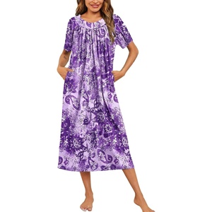 Ekouaer Women’s House Dress with Pockets Long Nightgowns for Women House Dress Pleated Front Moo Moos for Women(Purple Tie-dye Flowers)