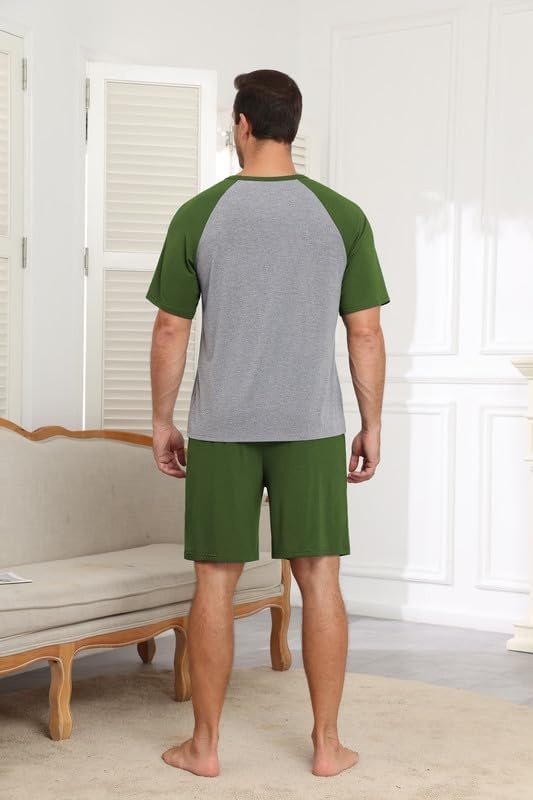 image:imageEkouaer Mens Pajamas Set Bamboo Viscose Short Sleeve Pjs Sets Soft Moisture Wicking Lightweight Summer Button Fly Sleepwear with Pockets for lounging at home Running ReadingArmy Green Grey