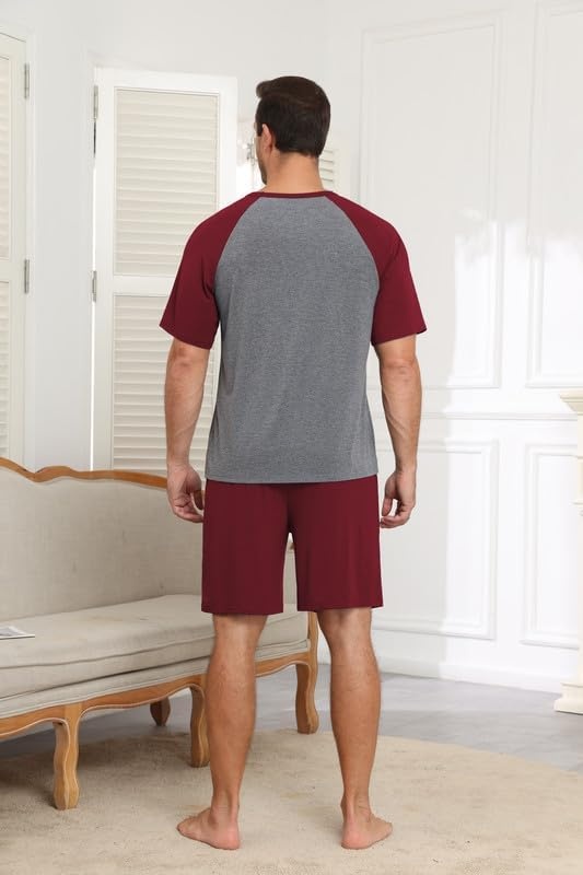 image:imageEkouaer Mens Pajamas Set Bamboo Viscose Short Sleeve Pjs Sets Soft Moisture Wicking Lightweight Summer Button Fly Sleepwear with Pockets for lounging at home Running ReadingRed Grey