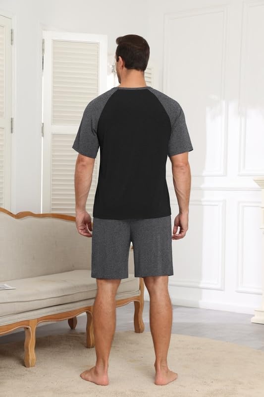 image:imageEkouaer Mens Pajamas Set Bamboo Viscose Short Sleeve Pjs Sets Soft Moisture Wicking Lightweight Summer Button Fly Sleepwear with Pockets for lounging at home Running ReadingBlack Dark Grey