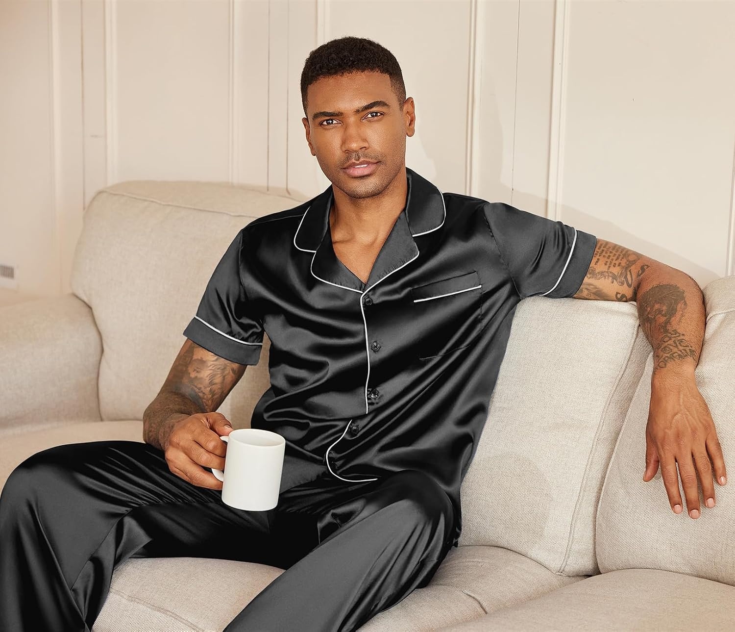 image:imageEkouaer Mens Satin Pajama Set Short Sleeve Button Down Sleepwear with Pant Soft Cozy Summer Fall Elastic Waist Long Pants Pocket Casual Loungewear Silk Satin Pjs for Casual Daily WearBlack