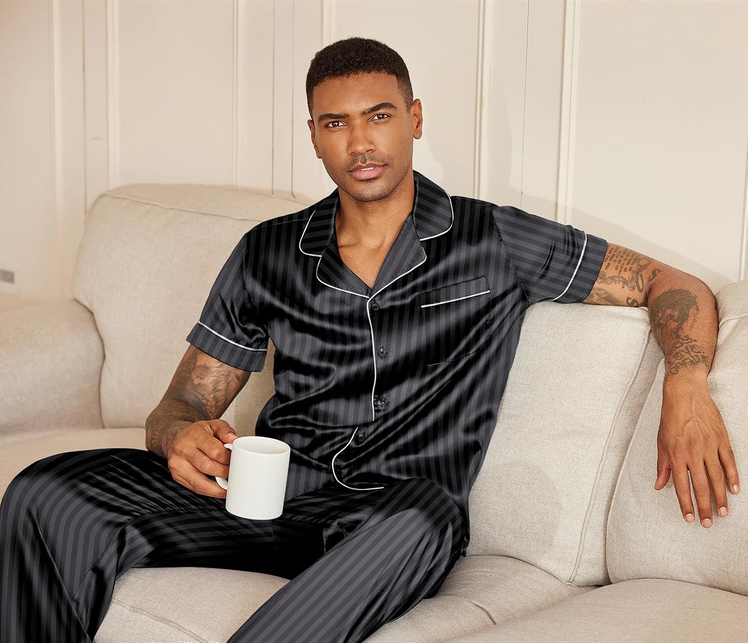 image:imageEkouaer Mens Satin Pajama Set Short Sleeve Button Down Sleepwear with Pant Soft Cozy Summer Fall Elastic Waist Long Pants Pocket Casual Loungewear Silk Satin Pjs for Casual Daily WearStripesBlack
