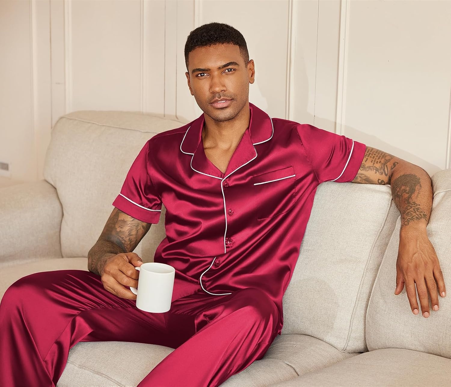 image:imageEkouaer Mens Satin Pajama Set Short Sleeve Button Down Sleepwear with Pant Soft Cozy Summer Fall Elastic Waist Long Pants Pocket Casual Loungewear Silk Satin Pjs for Casual Daily WearRed
