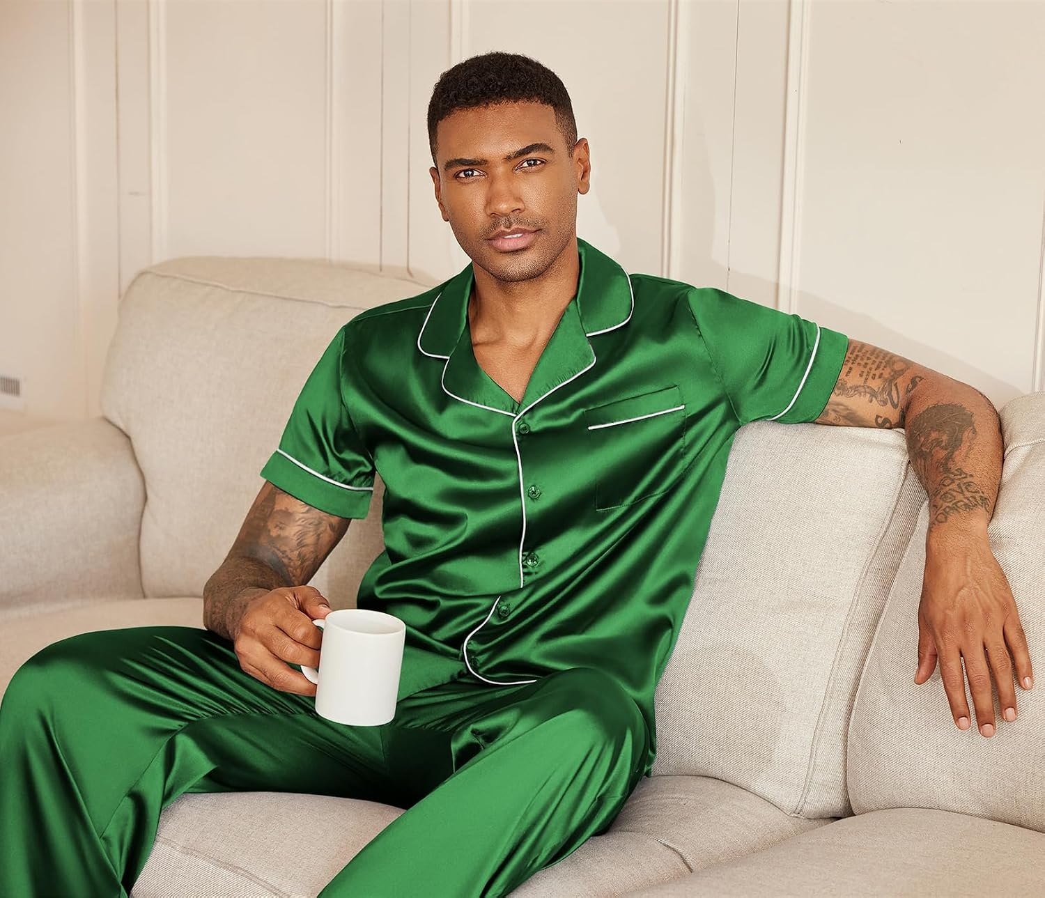 image:imageEkouaer Mens Satin Pajama Set Short Sleeve Button Down Sleepwear with Pant Soft Cozy Summer Fall Elastic Waist Long Pants Pocket Casual Loungewear Silk Satin Pjs for Casual Daily WearGreen