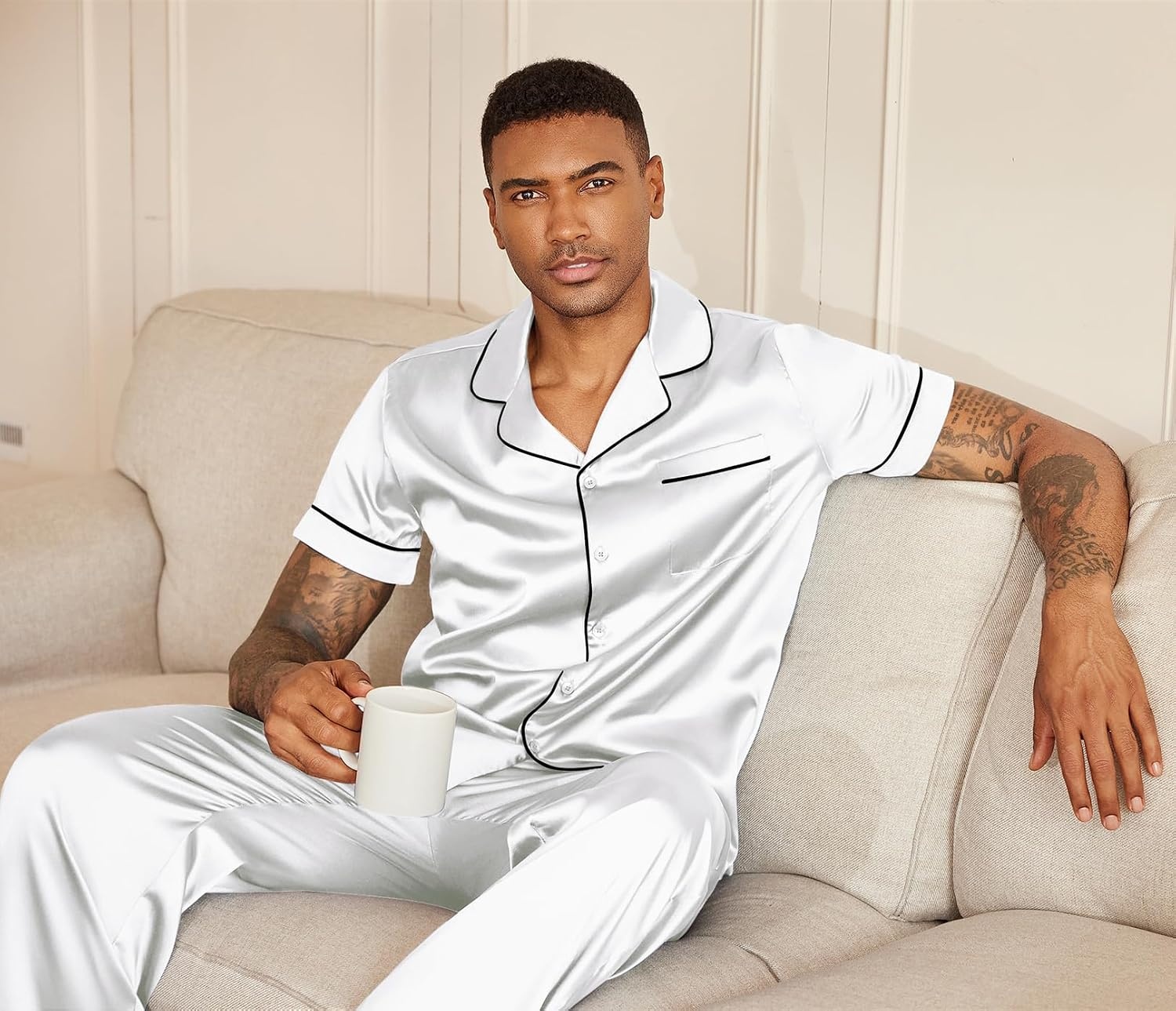 image:imageEkouaer Mens Satin Pajama Set Short Sleeve Button Down Sleepwear with Pant Soft Cozy Summer Fall Elastic Waist Long Pants Pocket Casual Loungewear Silk Satin Pjs for Casual Daily WearWhite