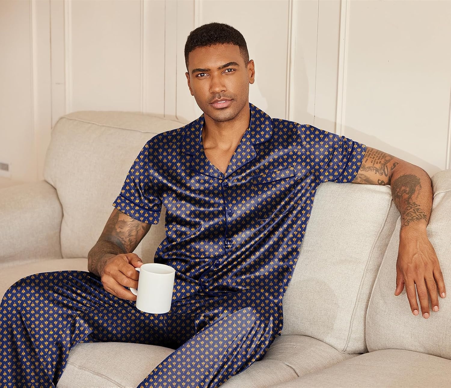 image:imageEkouaer Mens Satin Pajama Set Short Sleeve Button Down Sleepwear with Pant Soft Cozy Summer Fall Elastic Waist Long Pants Pocket Casual Loungewear Silk Satin Pjs for Casual Daily WearNavy Gold