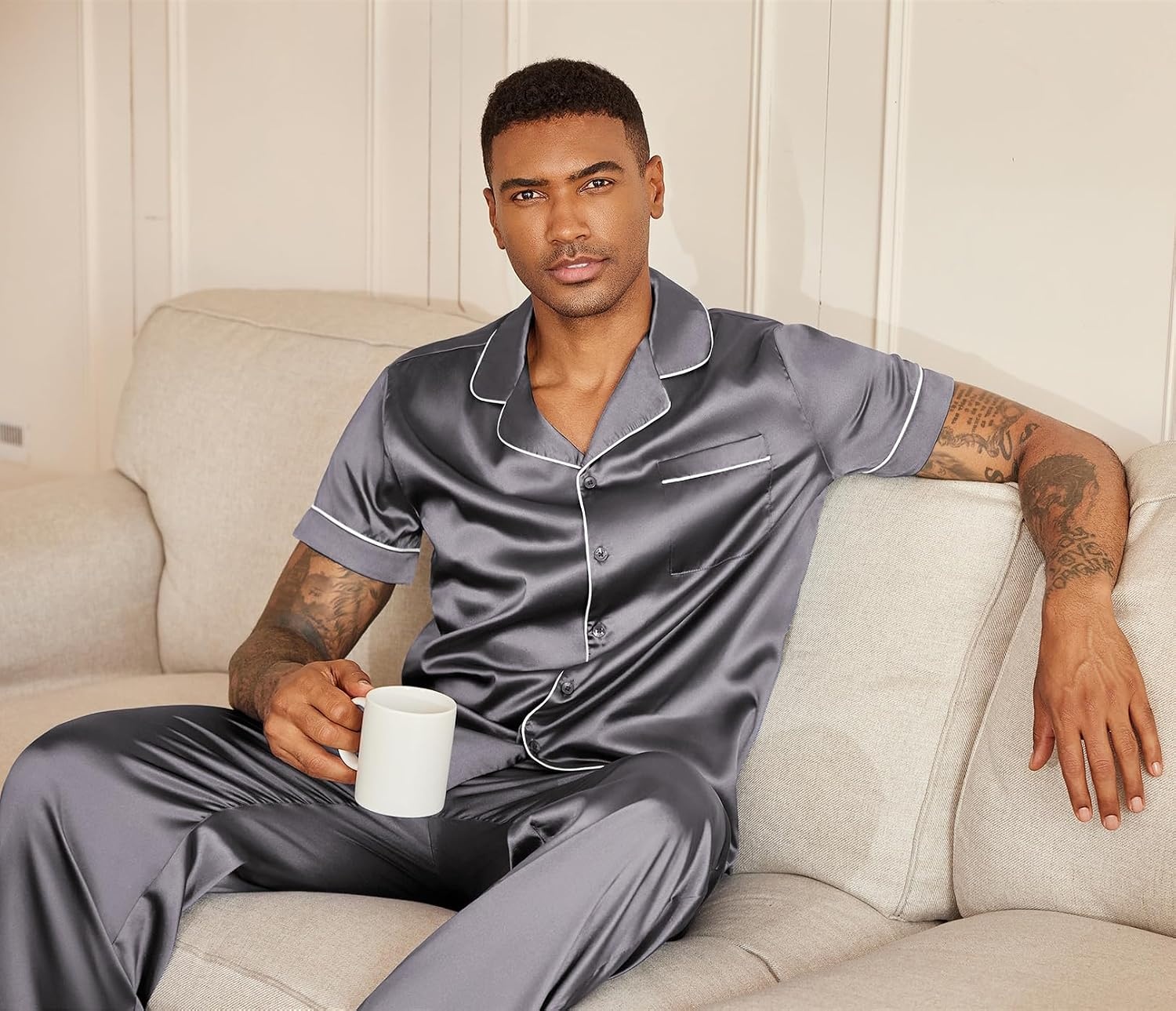 image:imageEkouaer Mens Satin Pajama Set Short Sleeve Button Down Sleepwear with Pant Soft Cozy Summer Fall Elastic Waist Long Pants Pocket Casual Loungewear Silk Satin Pjs for Casual Daily WearDark Grey