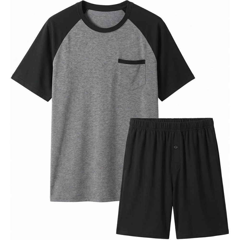 image:imageEkouaer Mens Pajamas Set Bamboo Viscose Short Sleeve Pjs Sets  Soft Moisture Wicking Lightweight Summer Button Fly Sleepwear with Pockets for lounging at home Running ReadingBlack Grey