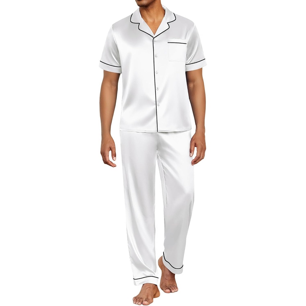 image:imageEkouaer Mens Satin Pajama Set Short Sleeve Button Down Sleepwear with Pant Soft Cozy Summer Fall Elastic Waist Long Pants Pocket Casual Loungewear Silk Satin Pjs for Casual Daily WearWhite