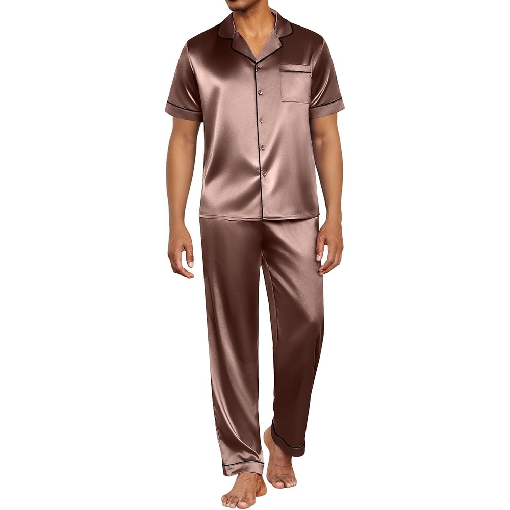 image:imageEkouaer Mens Satin Pajama Set Short Sleeve Button Down Sleepwear with Pant Soft Cozy Summer Fall Elastic Waist Long Pants Pocket Casual Loungewear Silk Satin Pjs for Casual Daily WearBrown