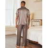 Ekouaer Mens Satin Pajama Set Short Sleeve Button Down Sleepwear with Pant | Soft Cozy, Summer Fall, Elastic Waist Long Pants, Pocket, Casual Loungewear Silk Satin Pjs for Casual Daily Wear(Hexagonal/Brown)